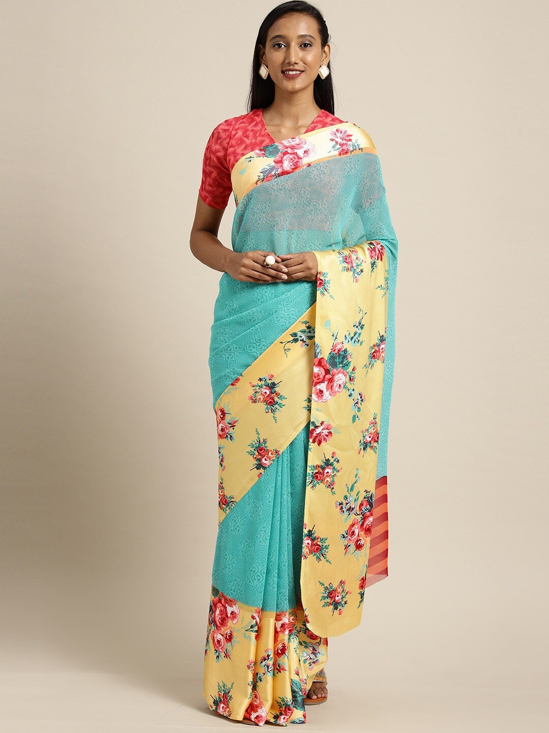 

Shaily Turquoise Blue & Yellow Ethnic Motifs Satin Saree