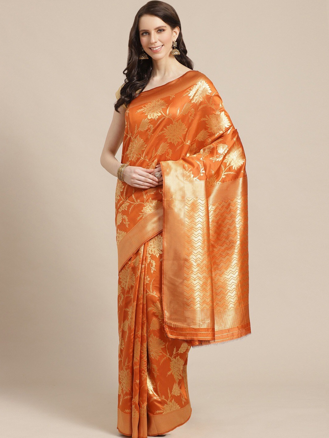 

Shaily Rust Orange & Golden Ethnic Motifs Silk Blend Saree