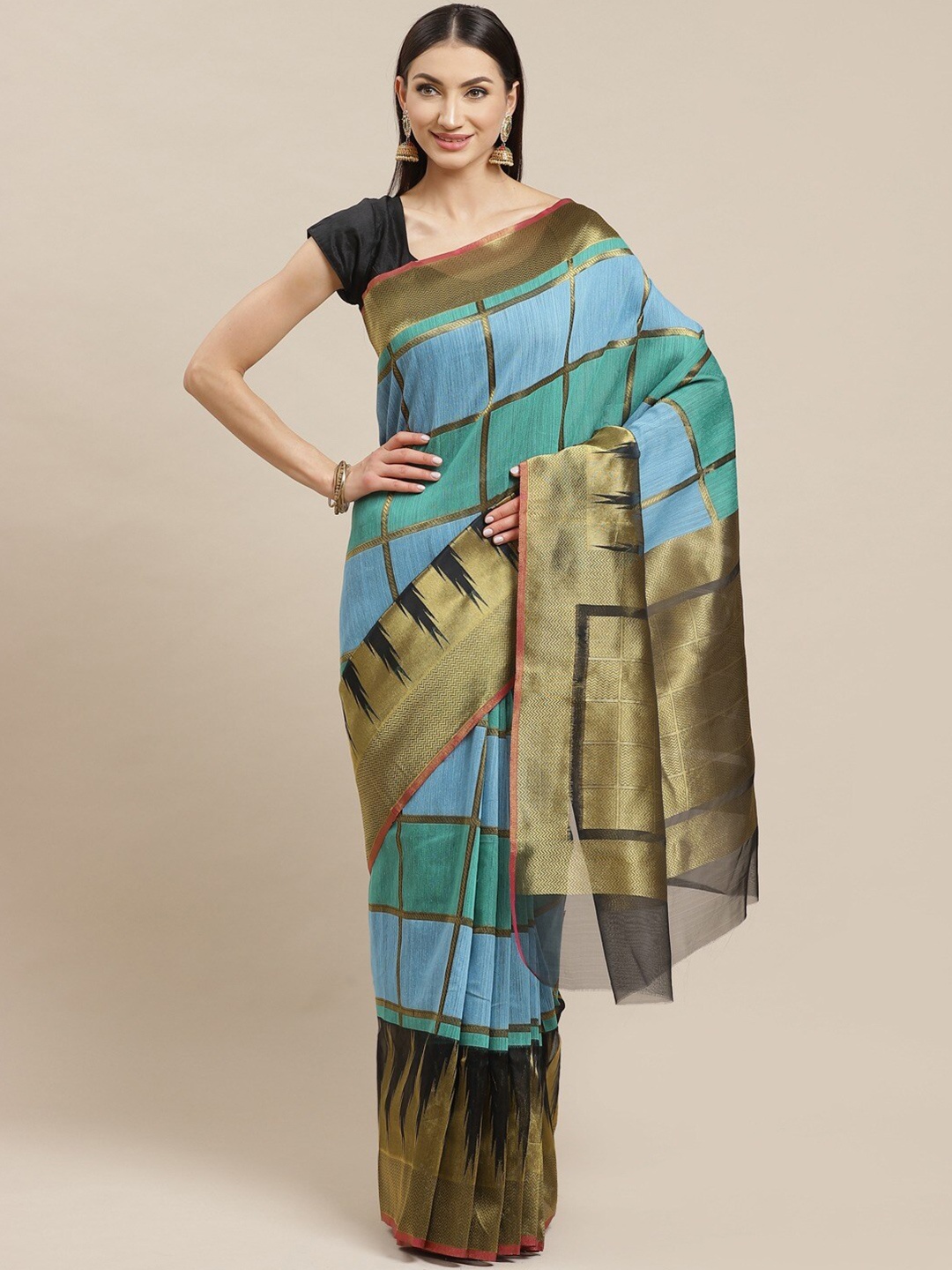 

Shaily Blue & Gold-Toned Woven Design Zari Silk Cotton Saree