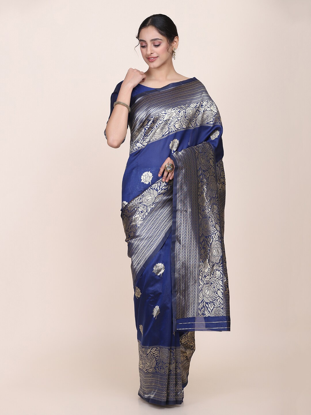 

Shaily Navy Blue & Silver-Toned Woven Design Zari Silk Blend Saree