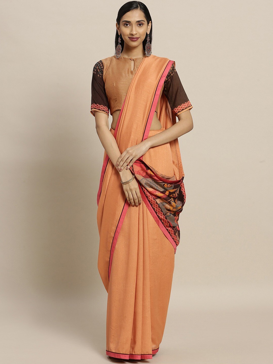 

Shaily Orange & Pink Pure Georgette Saree with Printed Pallu