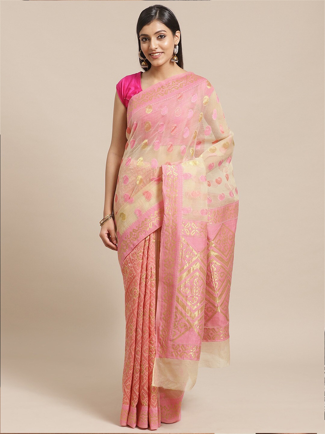 

Shaily Pink & Cream-Coloured Woven Design Zari Silk Cotton Saree
