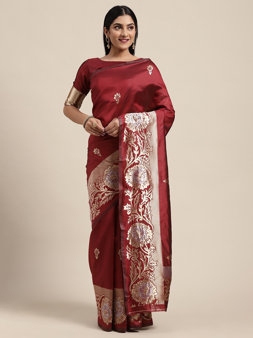 

Shaily Maroon & Gold-Toned Ethnic Motifs Zari Silk Blend Saree