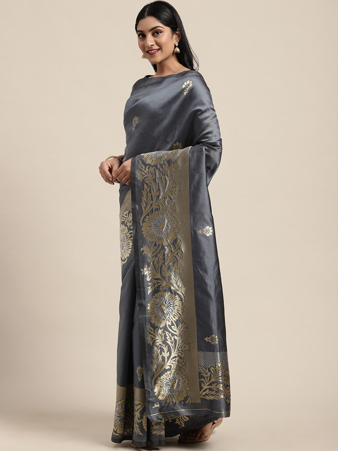 

Shaily Grey & Golden Ethnic Motifs Zari Silk Blend Saree