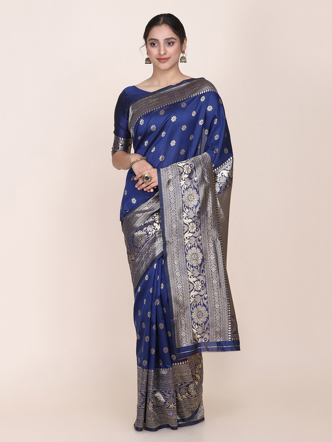 

Shaily Navy Blue & Gold-Toned Floral Silk Blend Saree