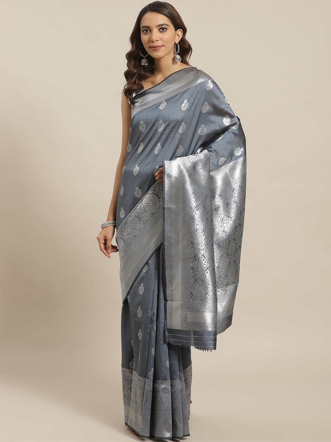 

Shaily Grey & Silver-Toned Woven Design Silk Blend Saree
