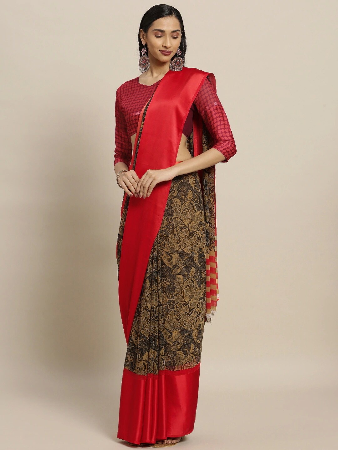 

Shaily Red & Beige Ethnic Motifs Printed Satin Saree