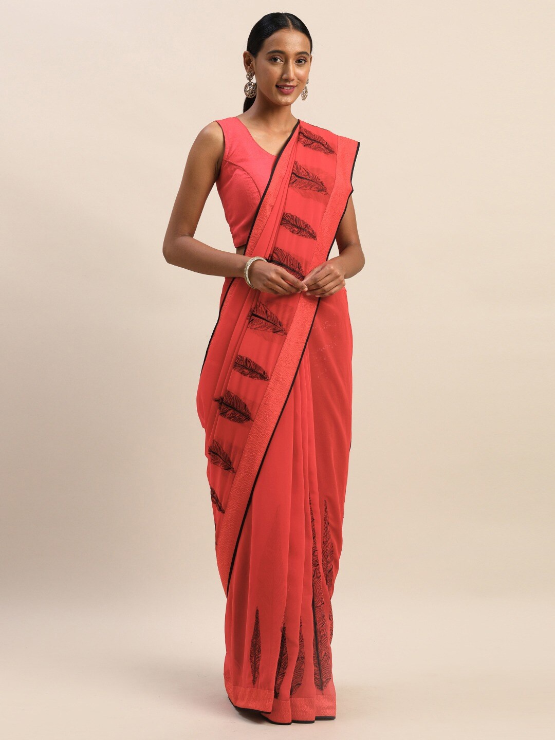 

Shaily Red & Black Embroidered poly georgette Saree