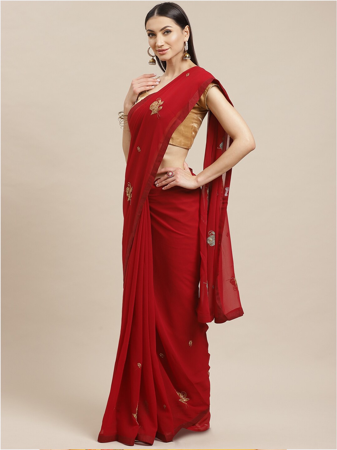 

Shaily Maroon & Gold-Toned Ethnic Motifs Sequinned Saree