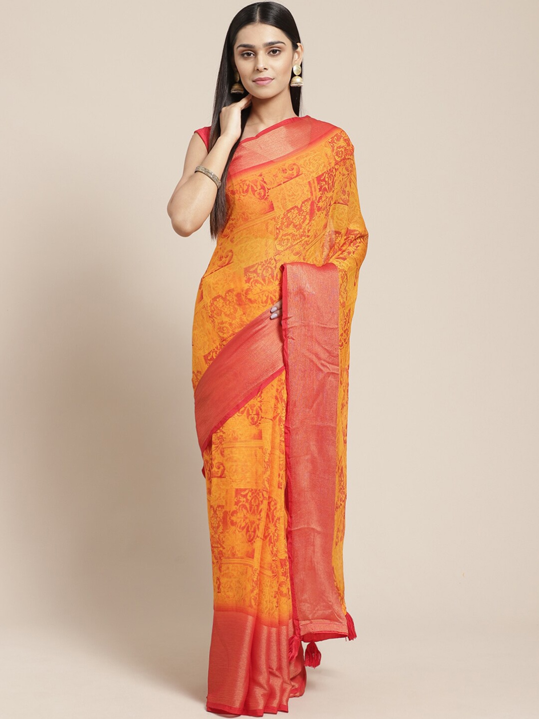 

Shaily Orange & Red Ethnic Motifs Saree