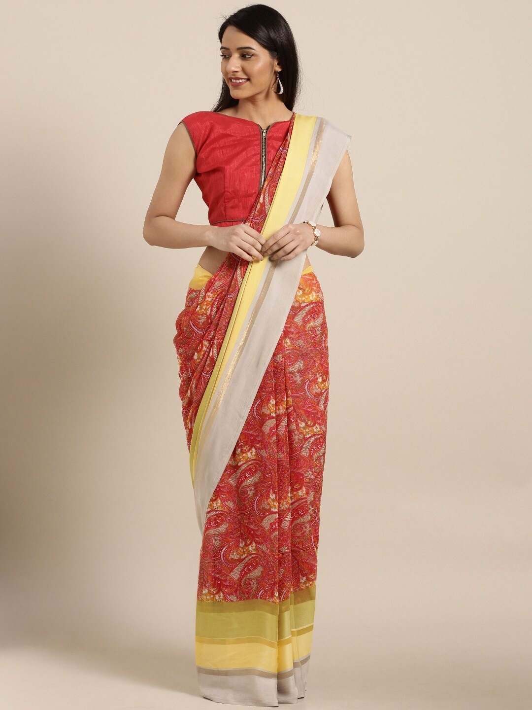 

Shaily Red & Yellow Paisley Printed Satin Saree