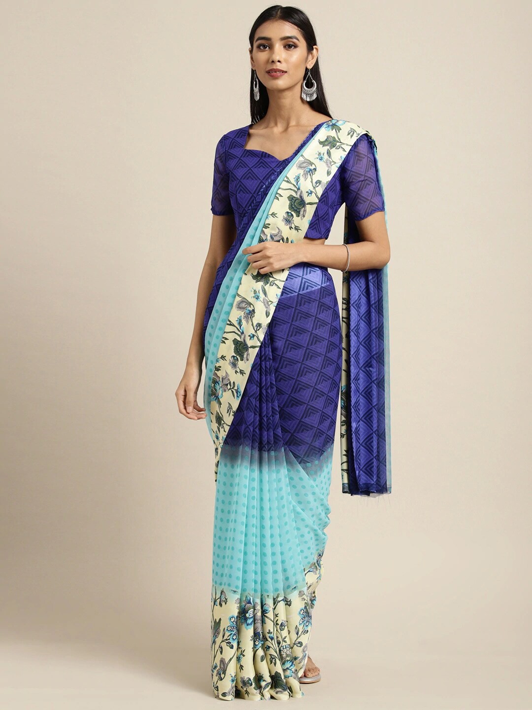 

Shaily Blue & Cream-Coloured Floral Satin Saree