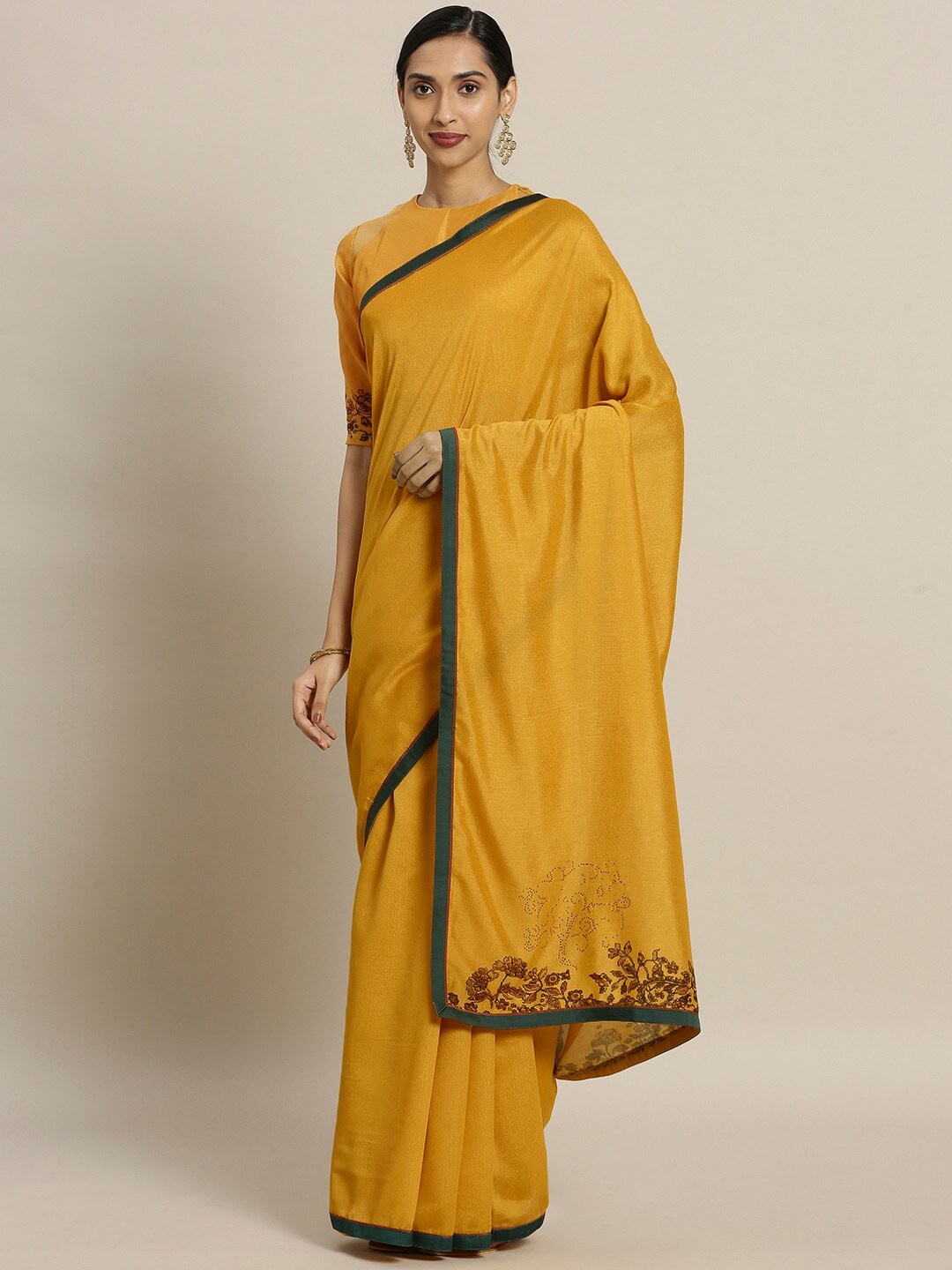 

Shaily Yellow & Green Beads and Stones Pure Georgette Saree