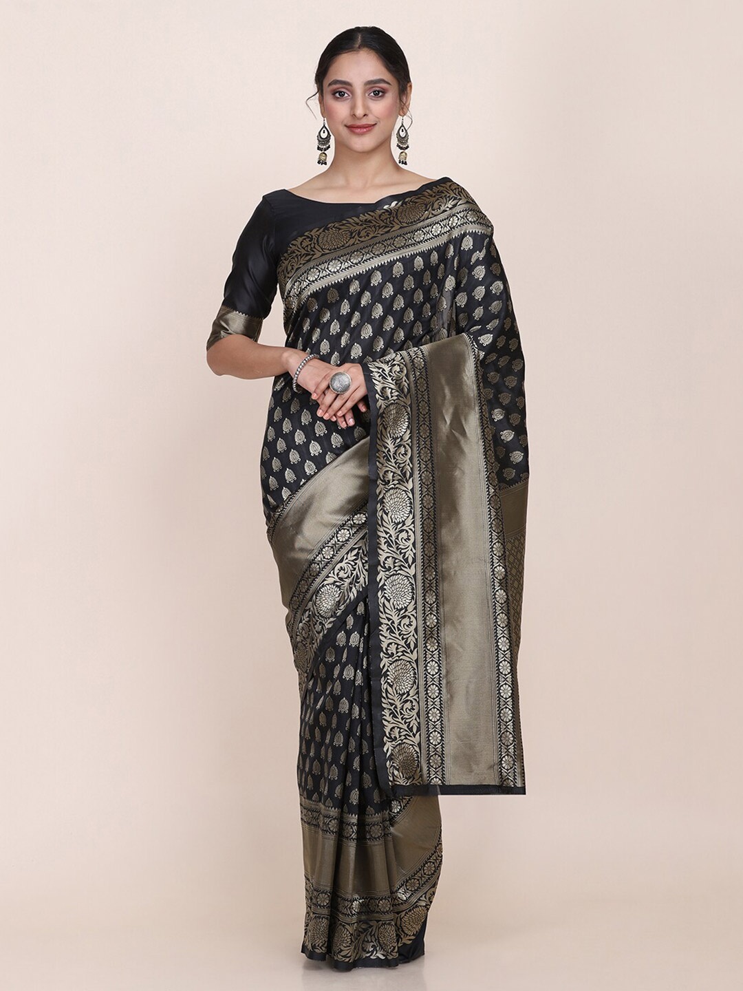 

Shaily Black & Gold-Toned Woven Design Silk Blend Saree