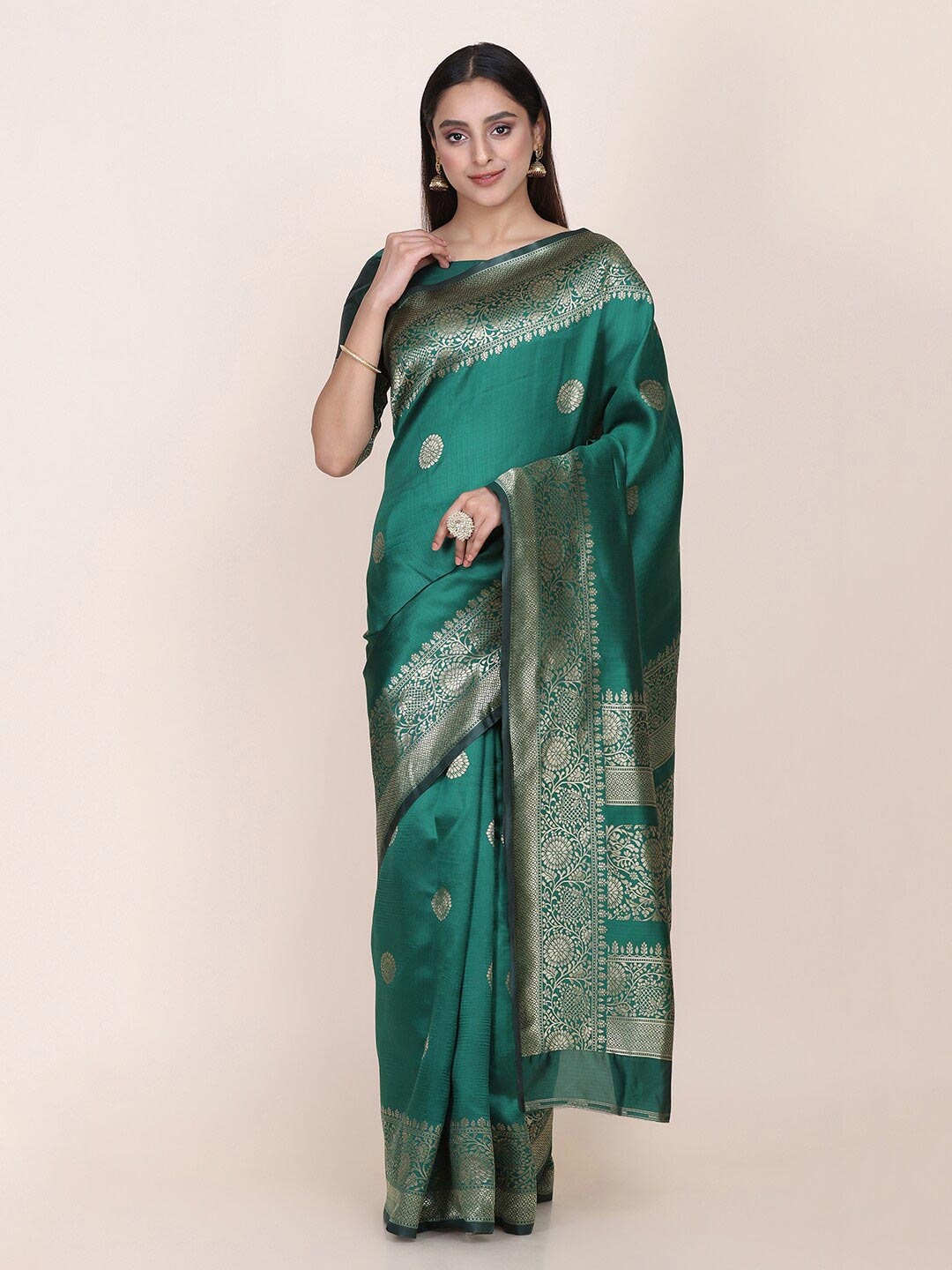 

Shaily Green & Golden Ethnic Motifs Zari Silk Blend Saree