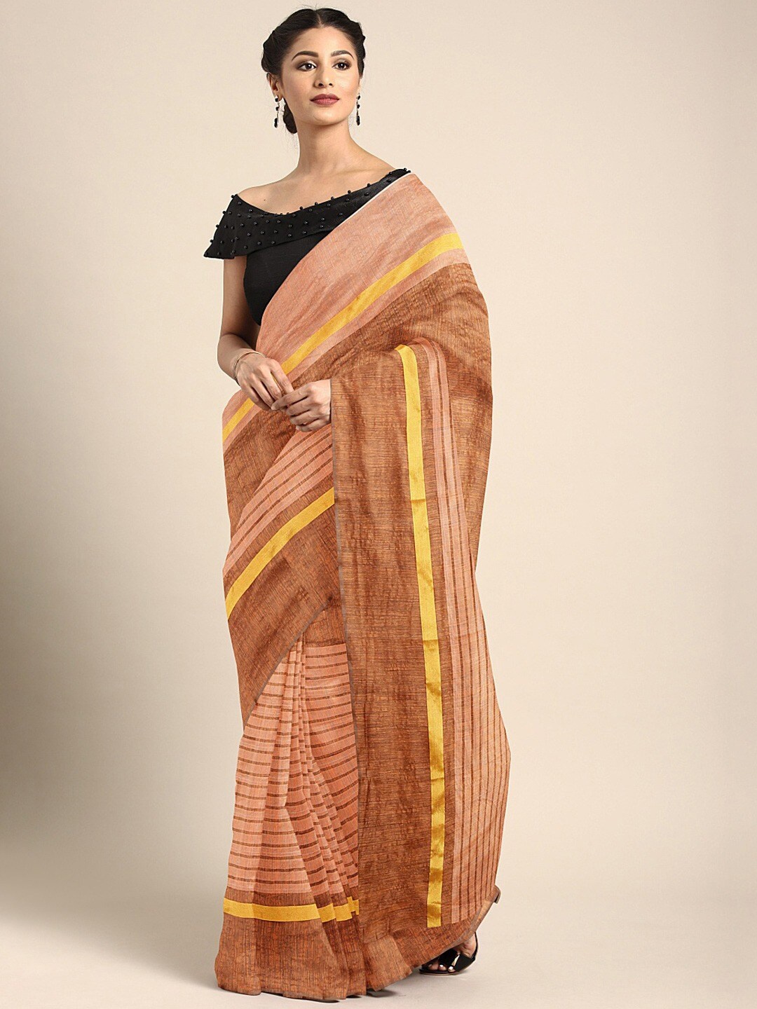 

Shaily Peach-Coloured & Brown Striped Saree