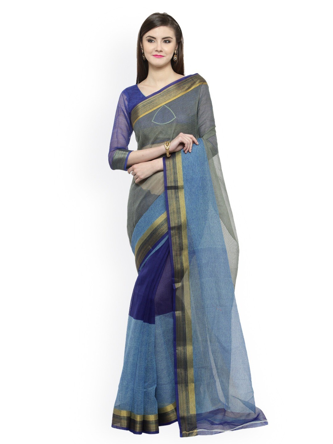 

Shaily Navy Blue & Golden Striped Silk Cotton Saree