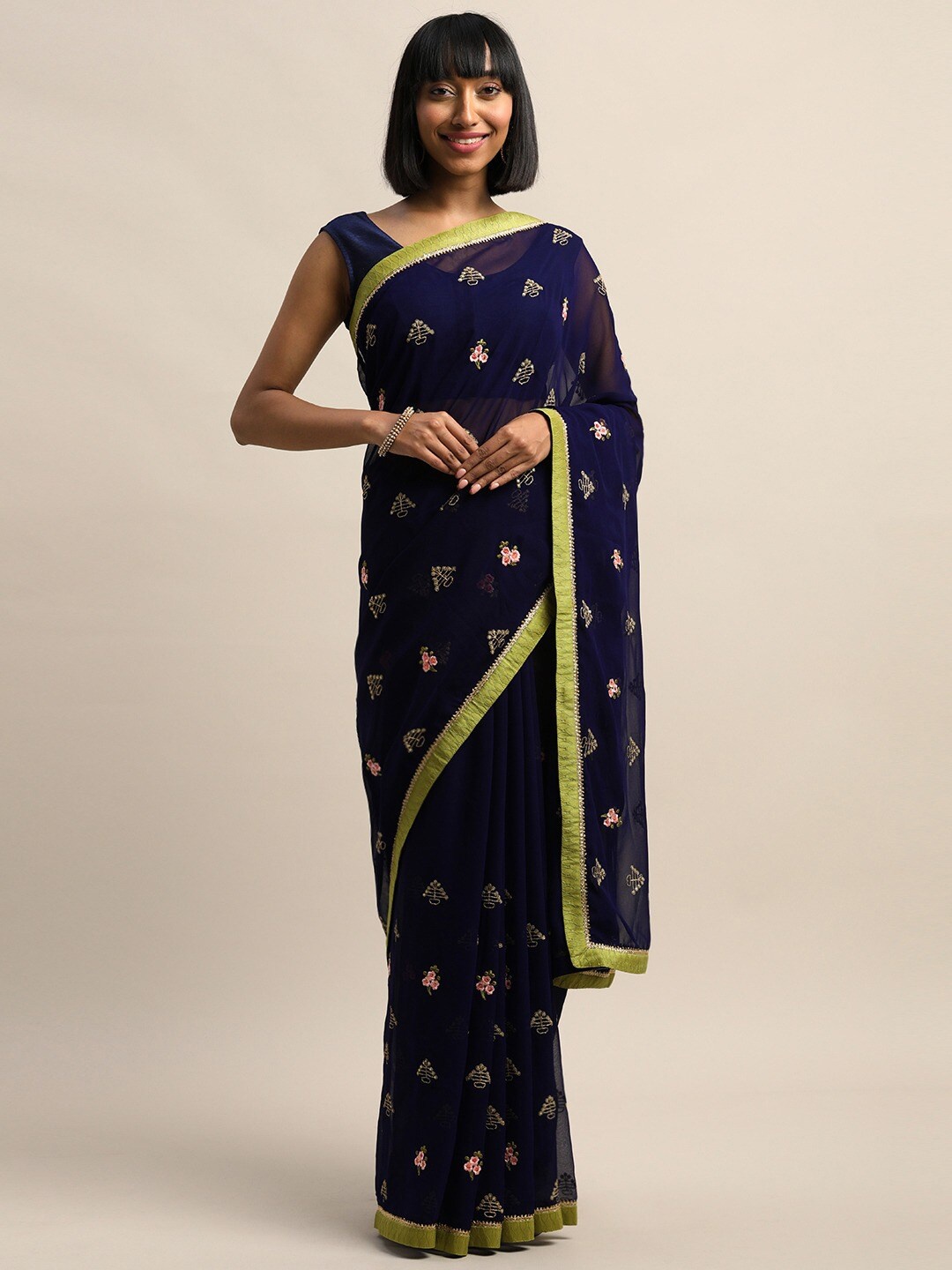 

Shaily Navy Blue & Gold-Toned Floral Embroidered Saree