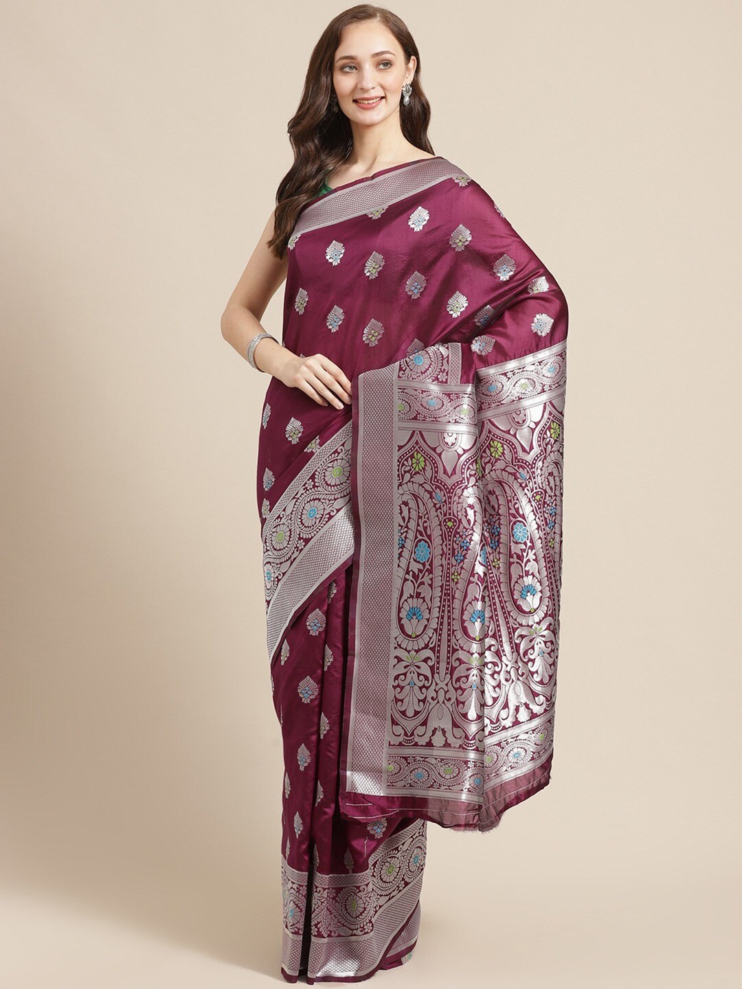 

Shaily Purple & Silver-Toned Ethnic Motifs Silk Blend Saree