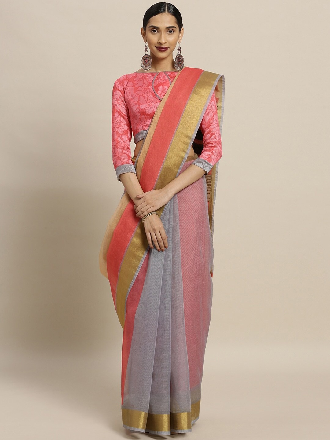 

Shaily Beige & Pink Colourblocked Silk Cotton Saree