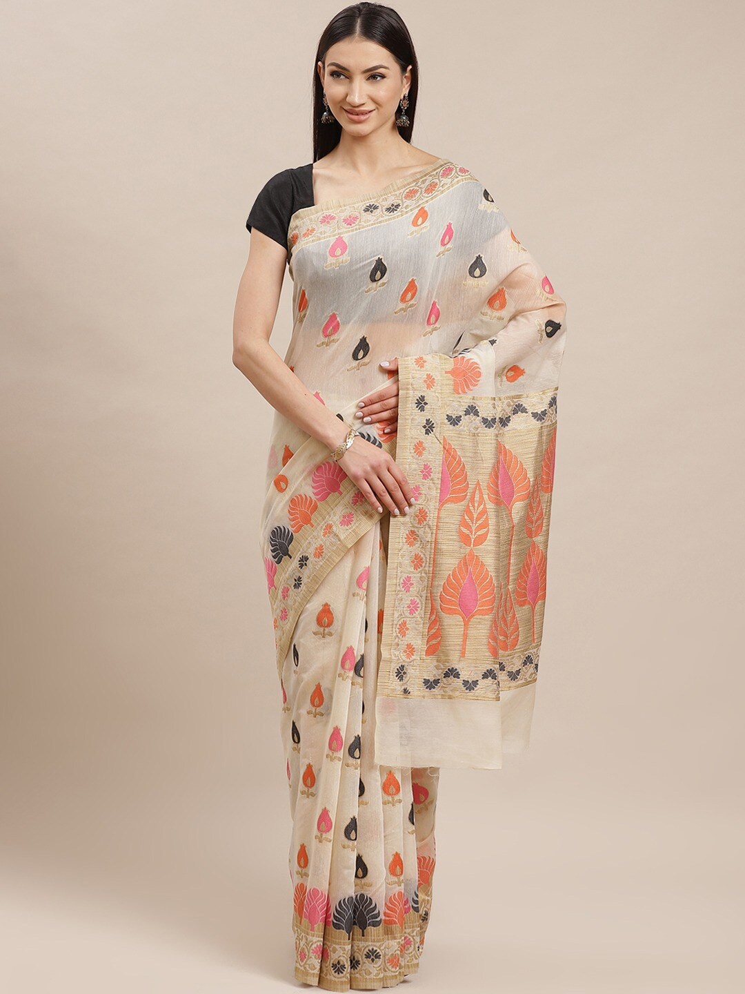 

Shaily Cream-Coloured & Pink Ethnic Motifs Zari Silk Cotton Saree