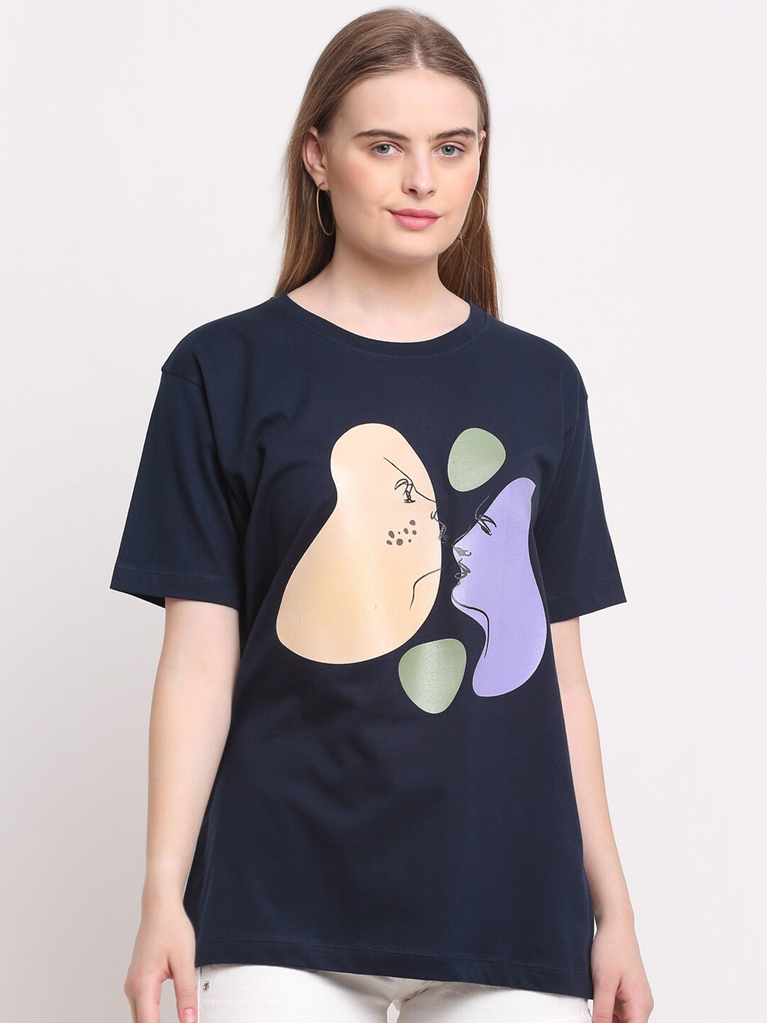 

Ennoble Women Navy Blue Drop-Shoulder Sleeves T-shirt