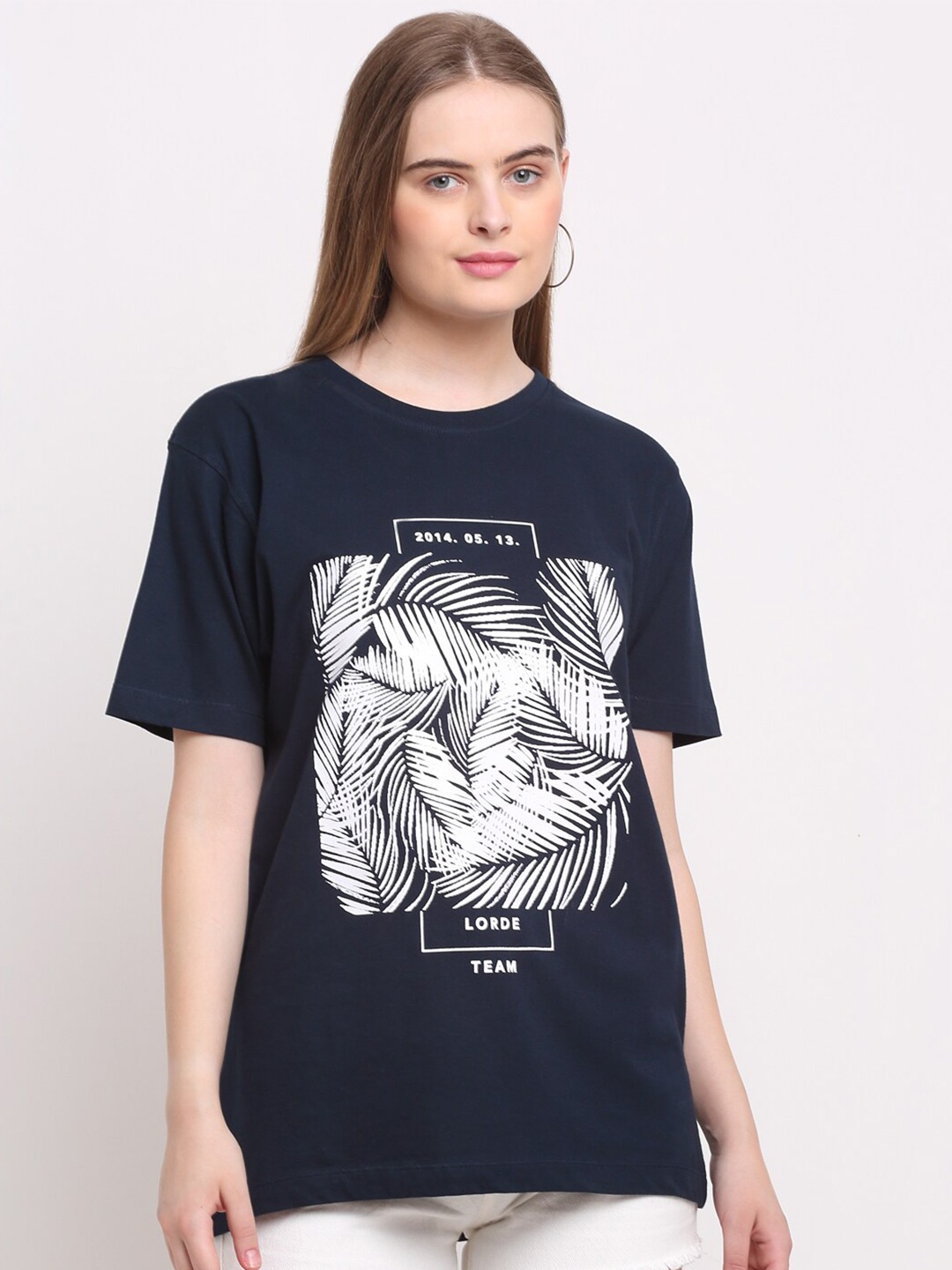 

Ennoble Women Navy Blue Drop-Shoulder Sleeves T-shirt