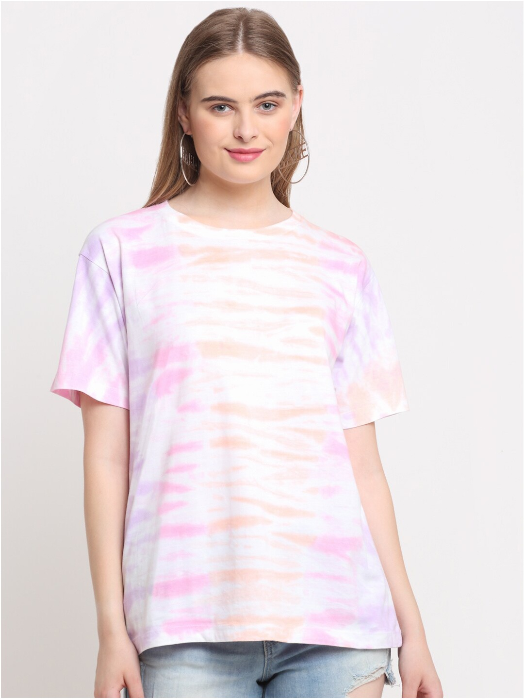 

Ennoble Women Pink & Purple Relaxed Fit Tie & Dyed Cotton T-shirt