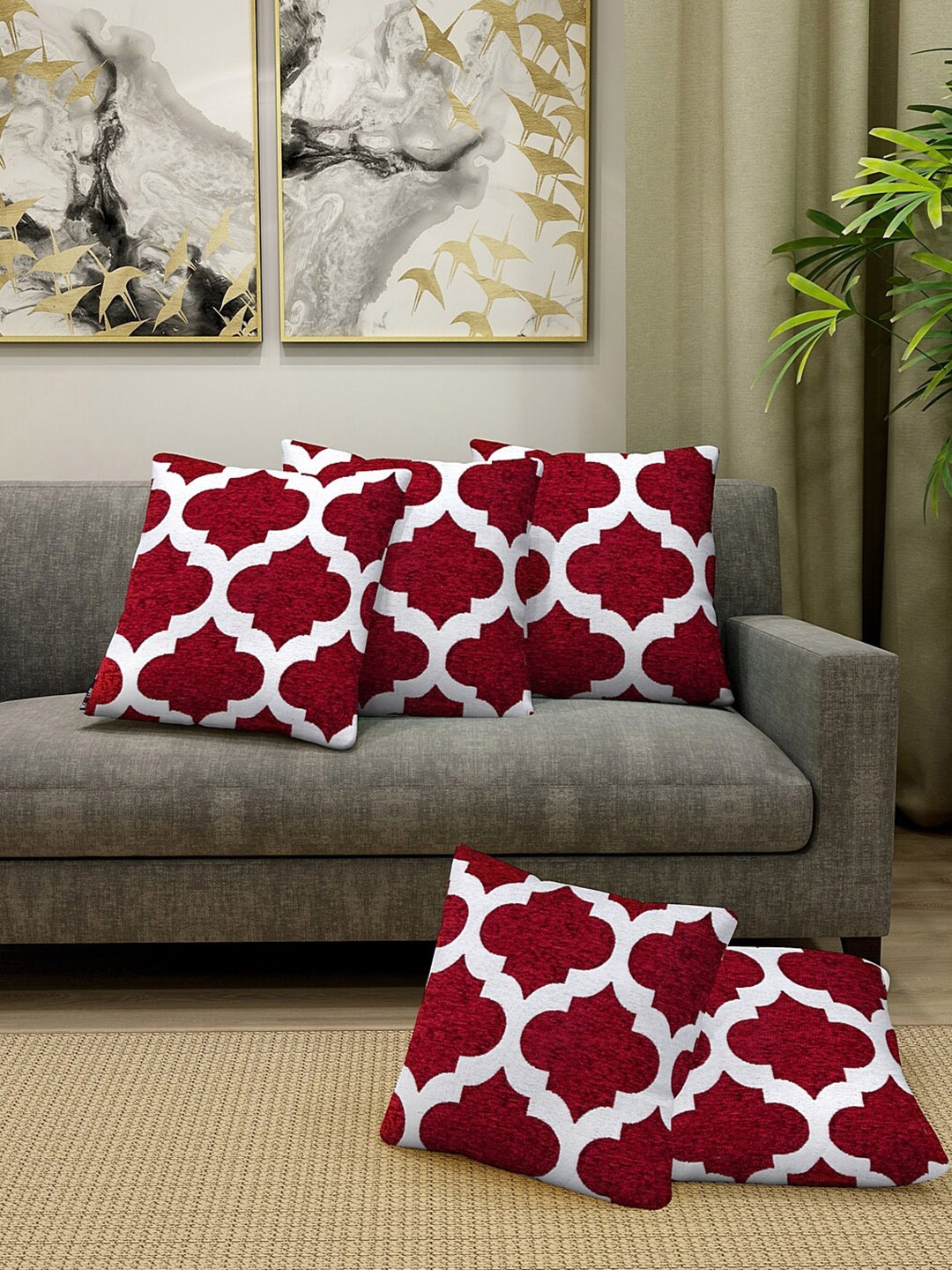 

KLOTTHE Maroon & White Set of 5 Ethnic Motifs Square Cushion Covers
