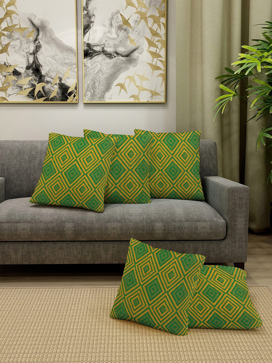 

KLOTTHE Green & Yellow Set of 5 Geometric Square Cushion Covers