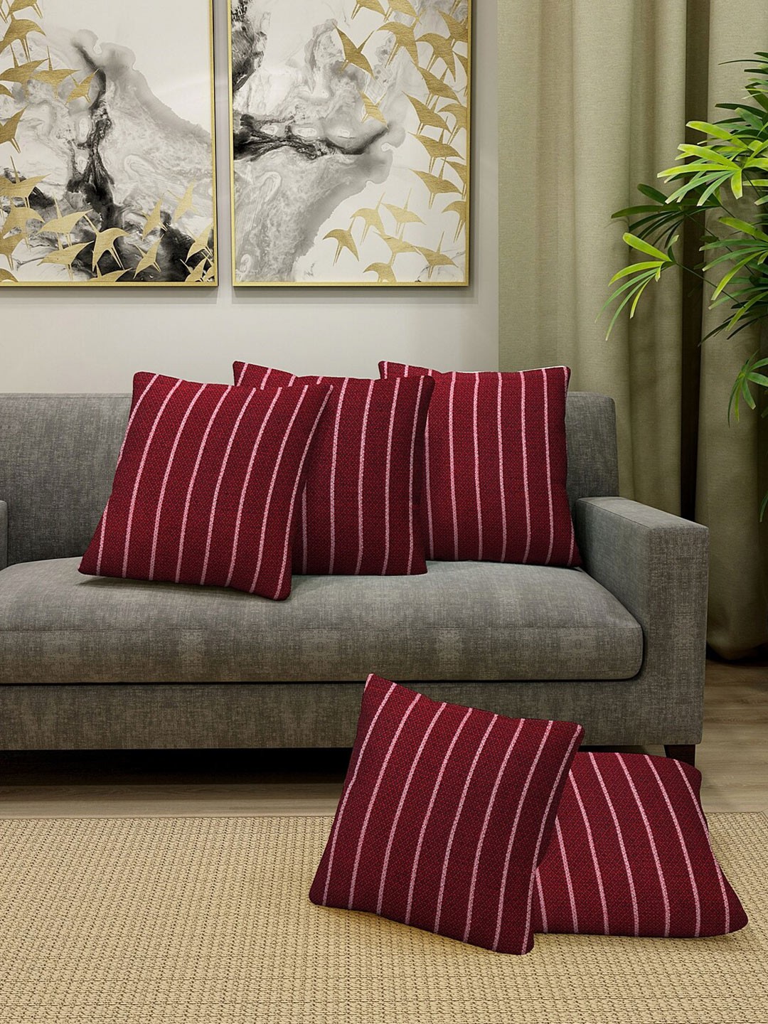 

KLOTTHE Maroon & White Set of 5 Striped Square Cushion Covers