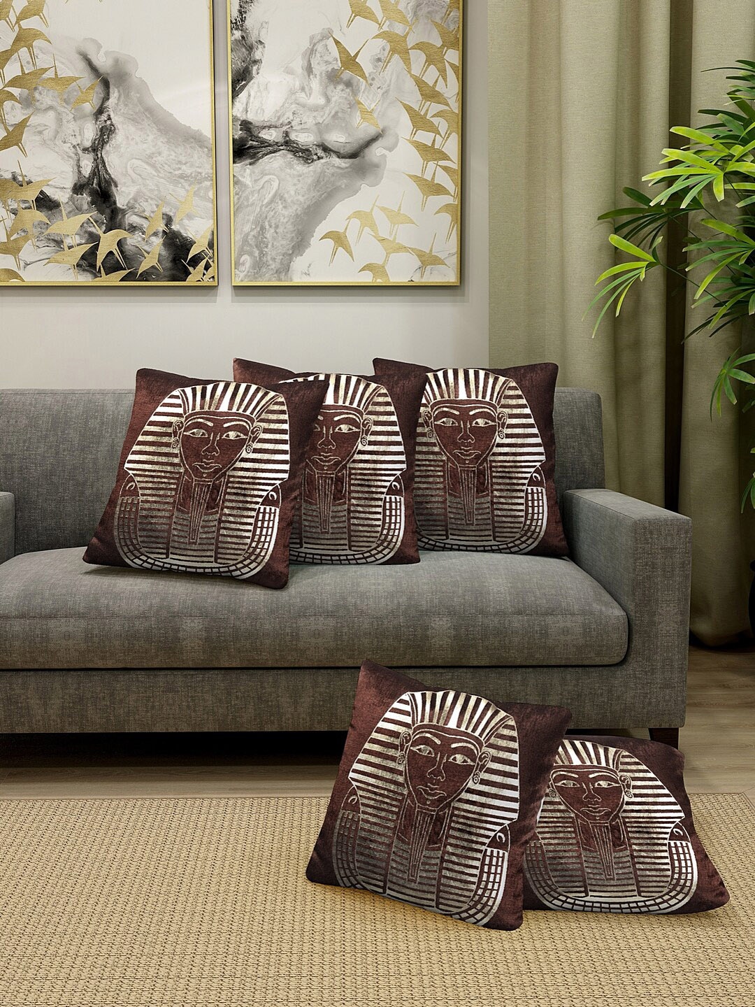 

KLOTTHE Brown & Golden Set of 5 Ethnic Motifs Velvet Square Cushion Covers