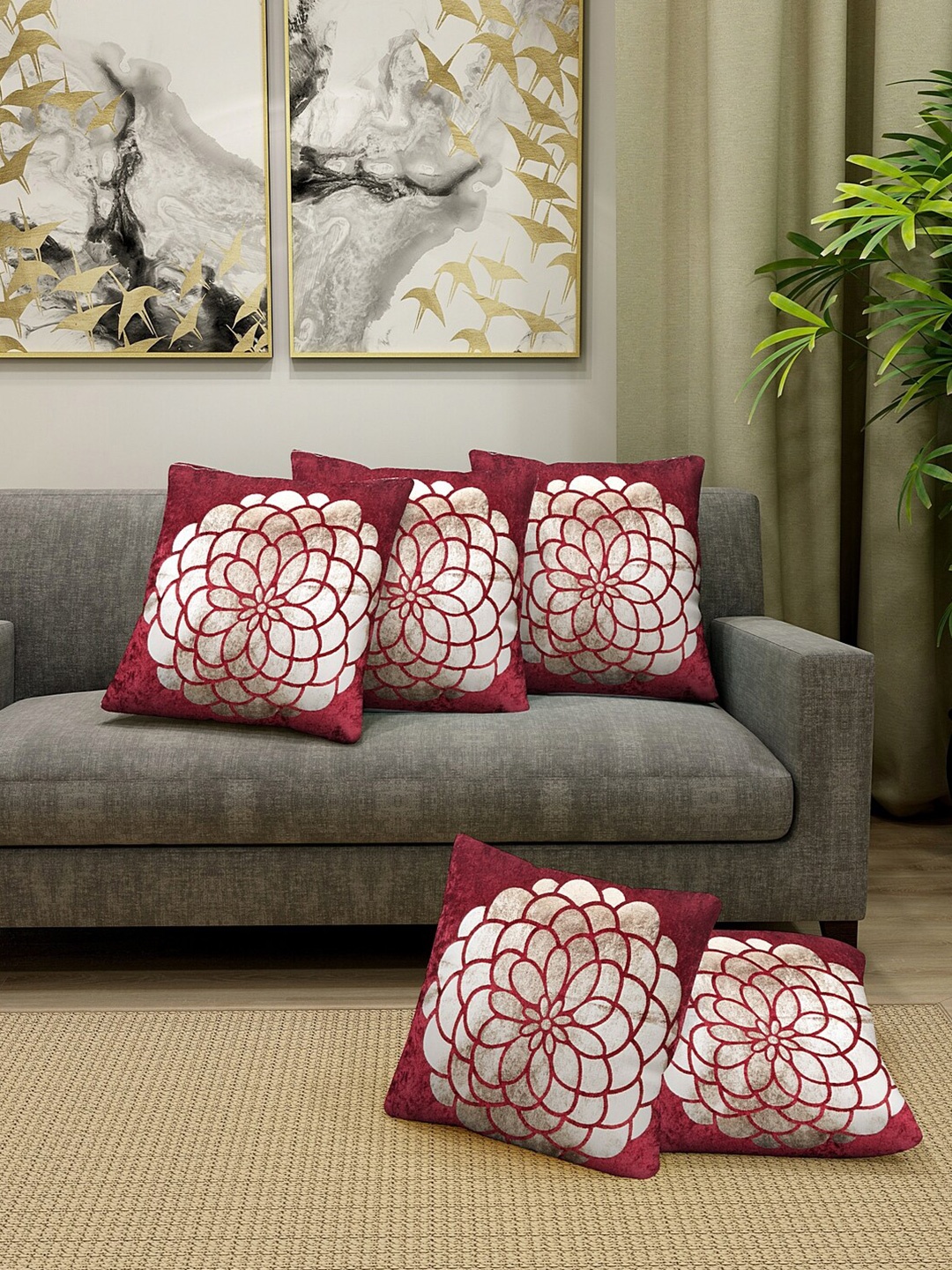 

KLOTTHE Maroon & Golden Set of 5 Ethnic Motifs Velvet Square Cushion Covers
