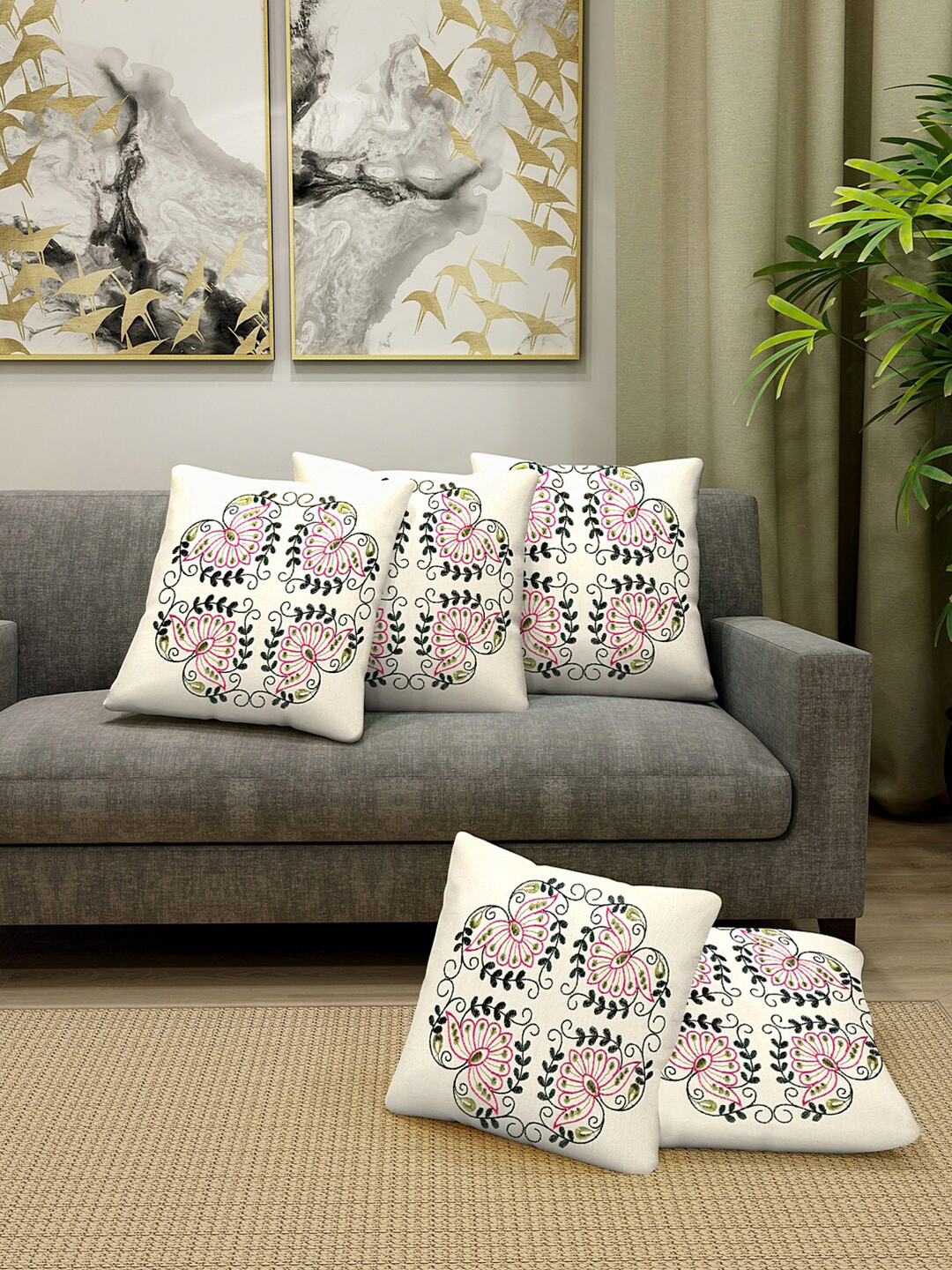 

KLOTTHE Off White & Pink Set of 5 Embroidered Cotton Square Cushion Covers