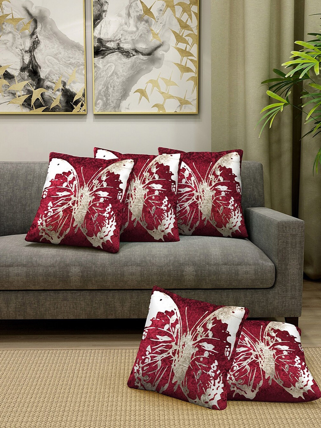 

KLOTTHE Maroon & Gold-Toned Set of 5 Abstract Velvet Square Cushion Covers