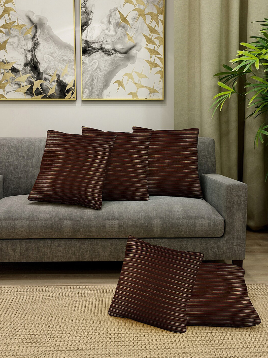 

KLOTTHE Brown & Gold-Toned Set of 5 Striped Square Cushion Covers