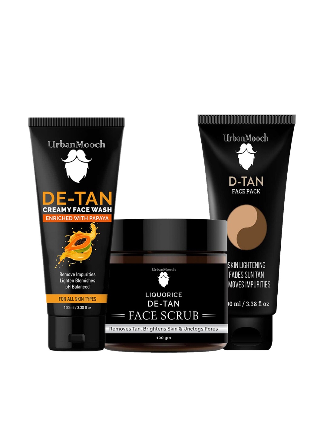 

UrbanMooch Men De-Tan Skincare Combo - Face Wash 100ml - Face Scrub 100g - Face Pack 100ml, Black