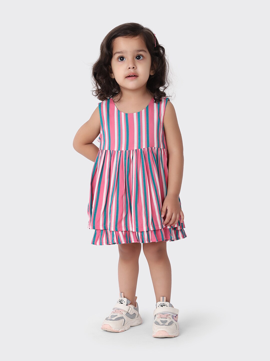 

Fabindia Kids-Girls Pink & Green Striped Frock Dress