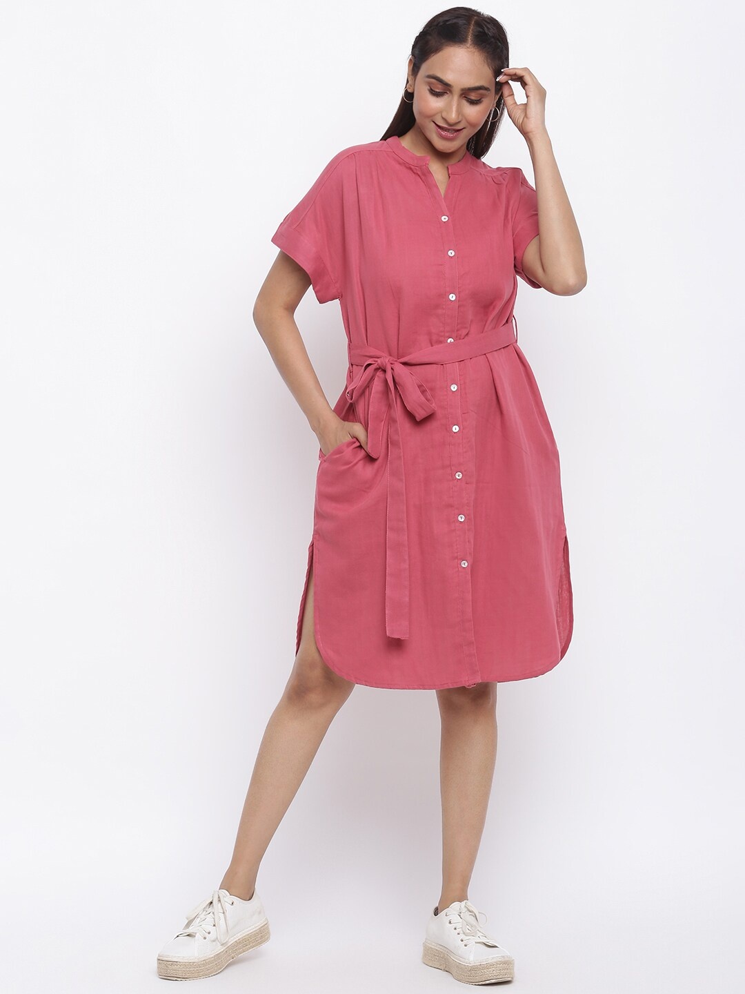 

Fabindia Pink Belted Mandarin Collar Dress