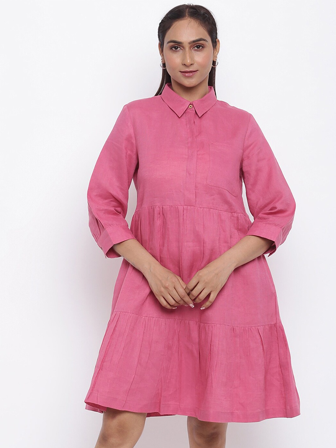 

Fabindia Women Pink Solid Shirt Collar Linen Dress