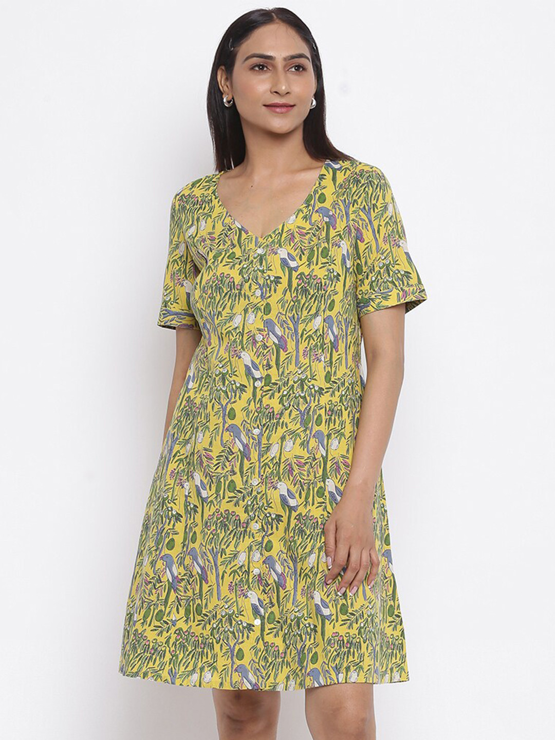 

Fabindia Yellow Floral A-Line Dress