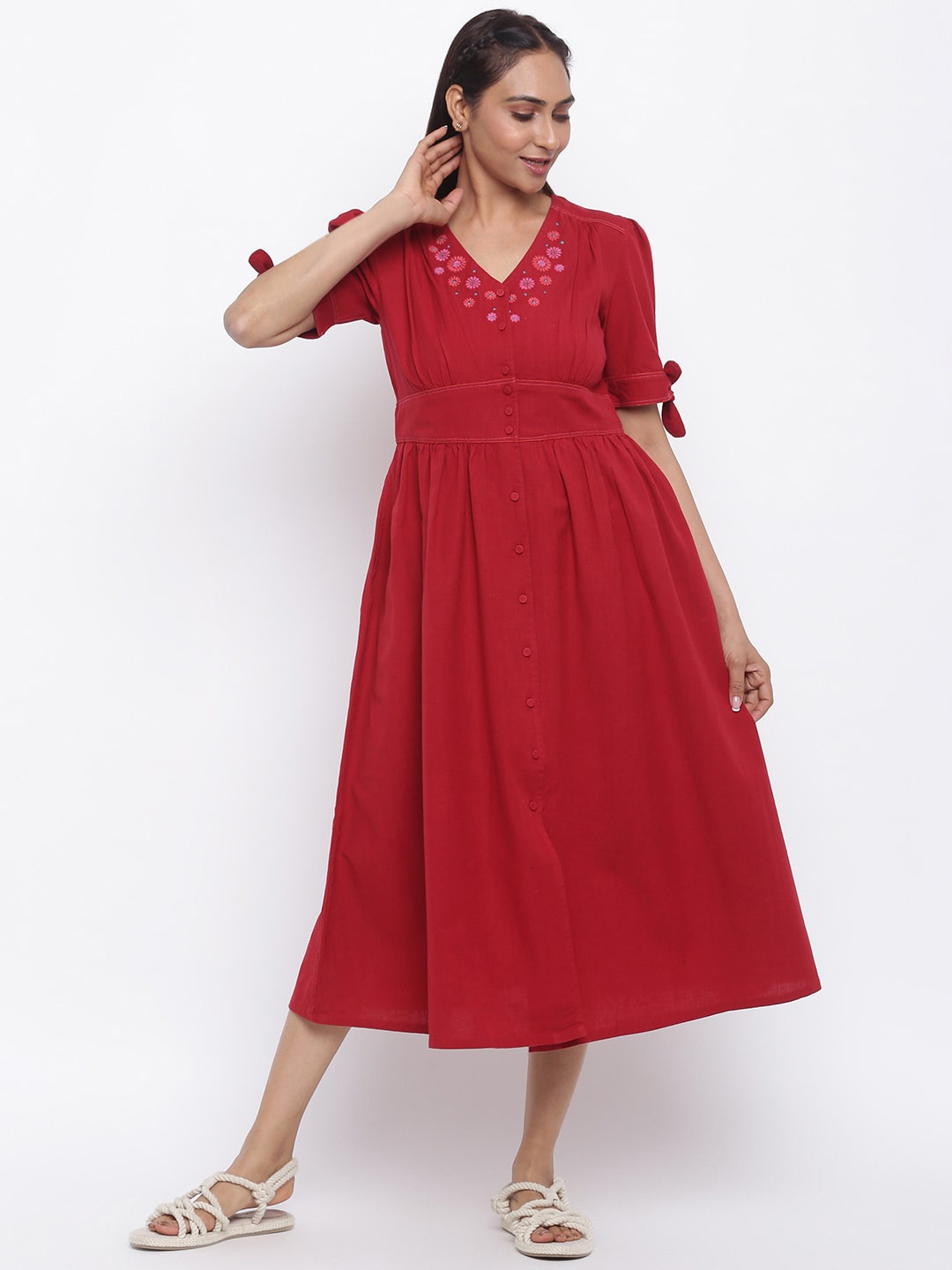 

Fabindia Women Red Cotton Solid V-Neck Ethnic Midi Dress