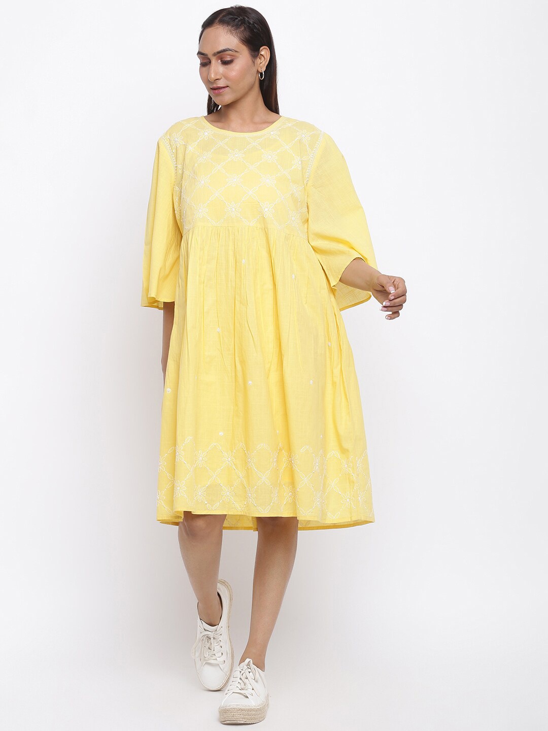 

Fabindia Yellow Floral Embroidered Cotton A-Line Dress