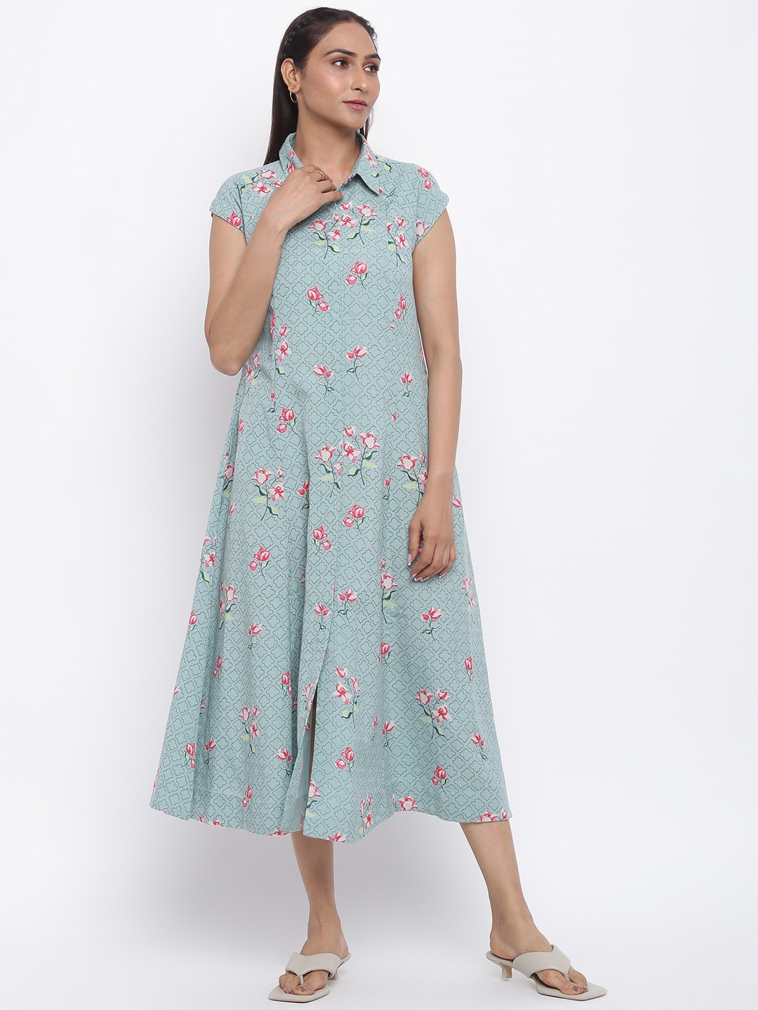 

Fabindia Women Teal Green Floral Shirt Collar Midi Dress