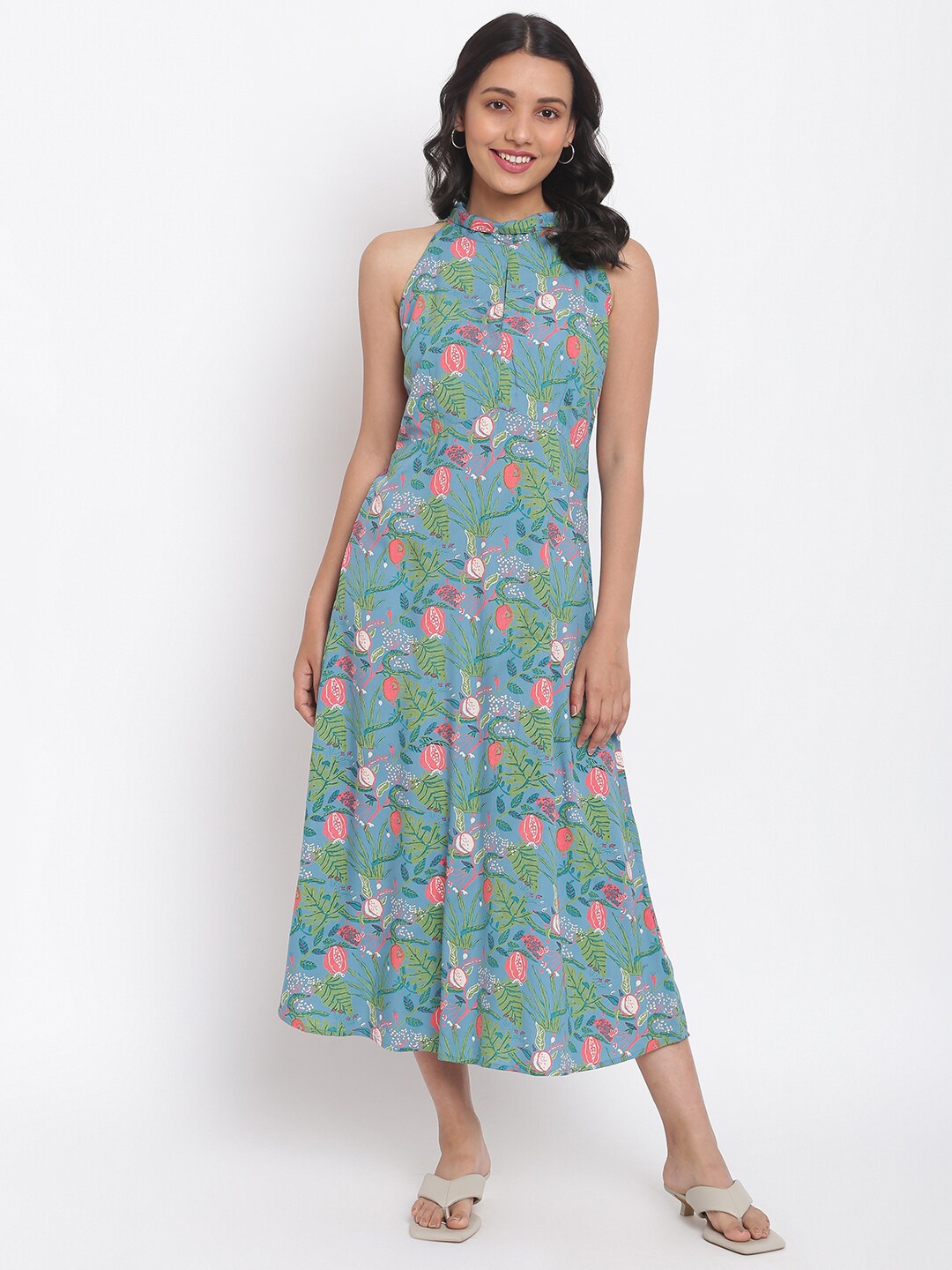 

Fabindia Teal Floral Halter Neck A-Line Midi Dress