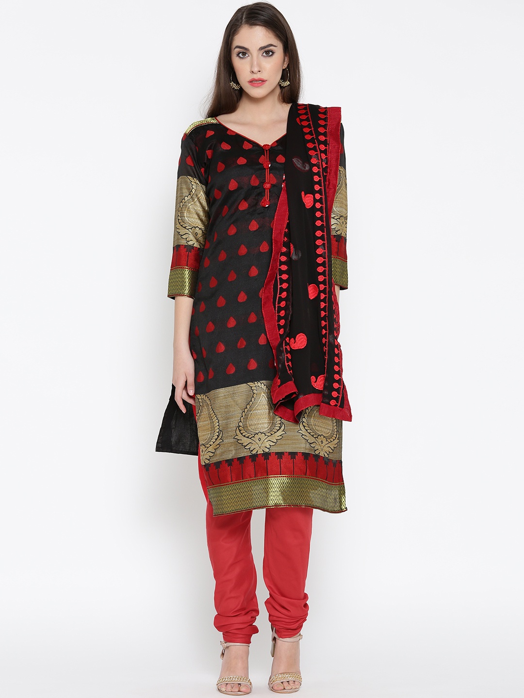 

Akhilam Black & Red Jacquard Unsitched Dress Material