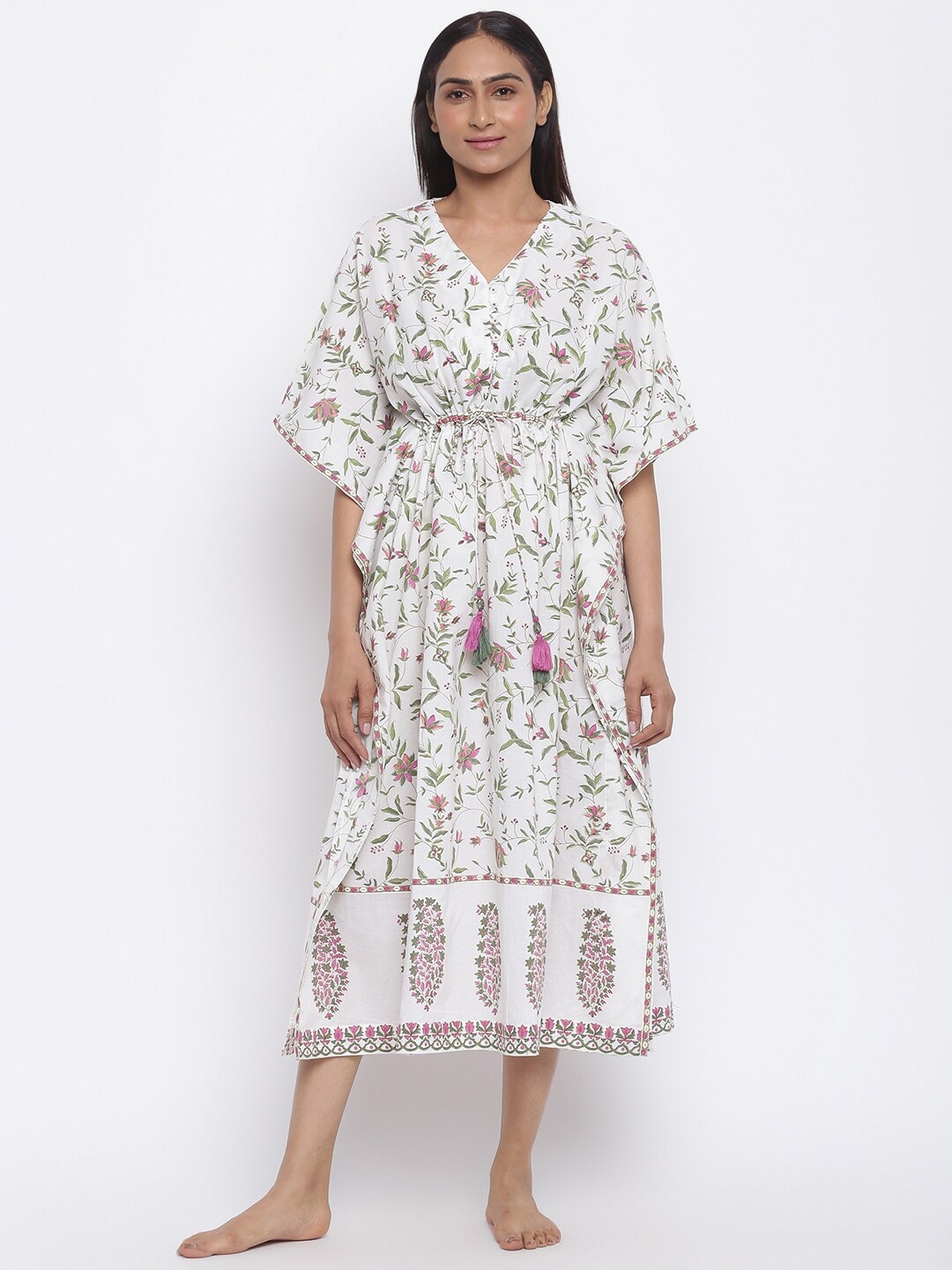 

Fabindia White Printed Cotton Kaftan Nightdress