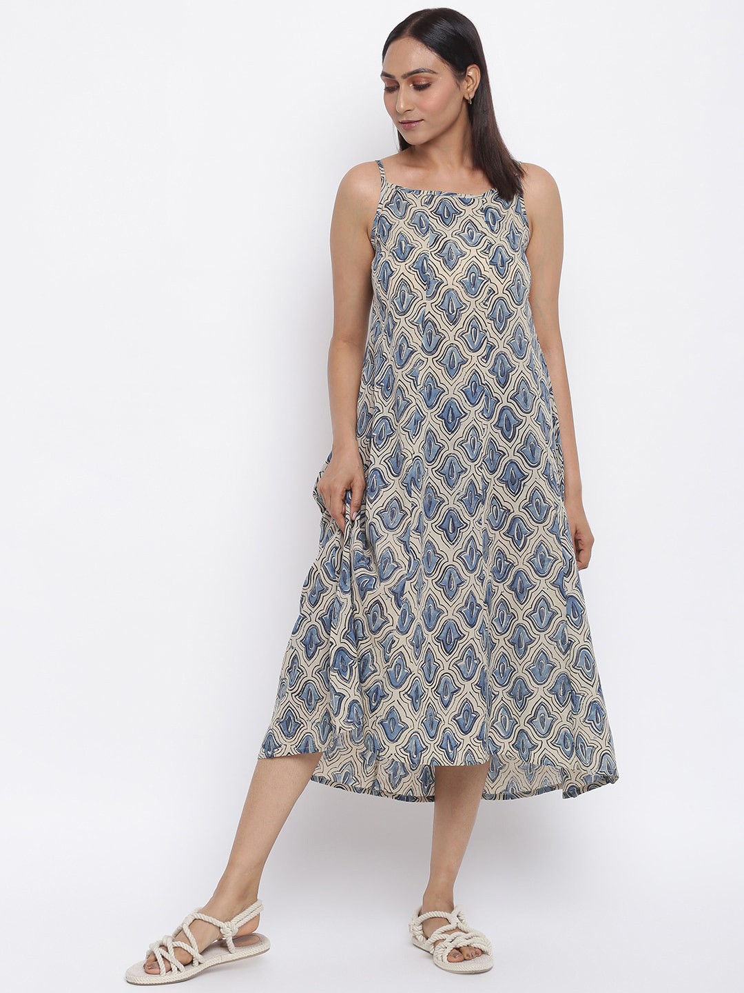 

Fabindia Blue & Beige Kalamkari Printed A-Line Midi Dress