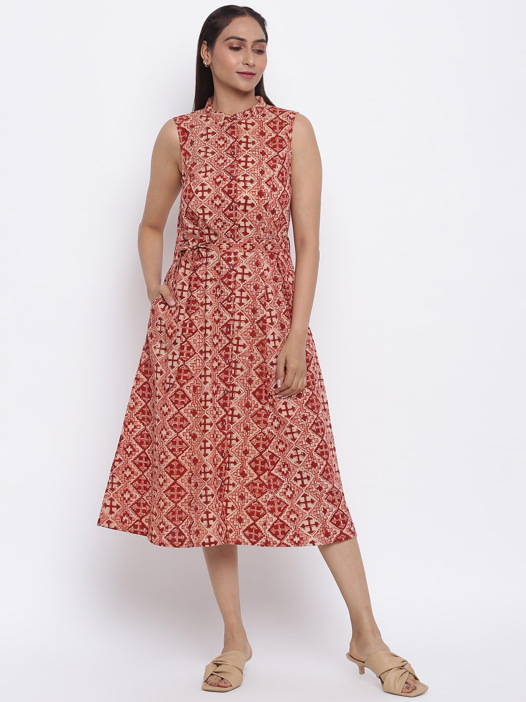 

Fabindia Women Red & Beige Cotton A-Line Midi Dress
