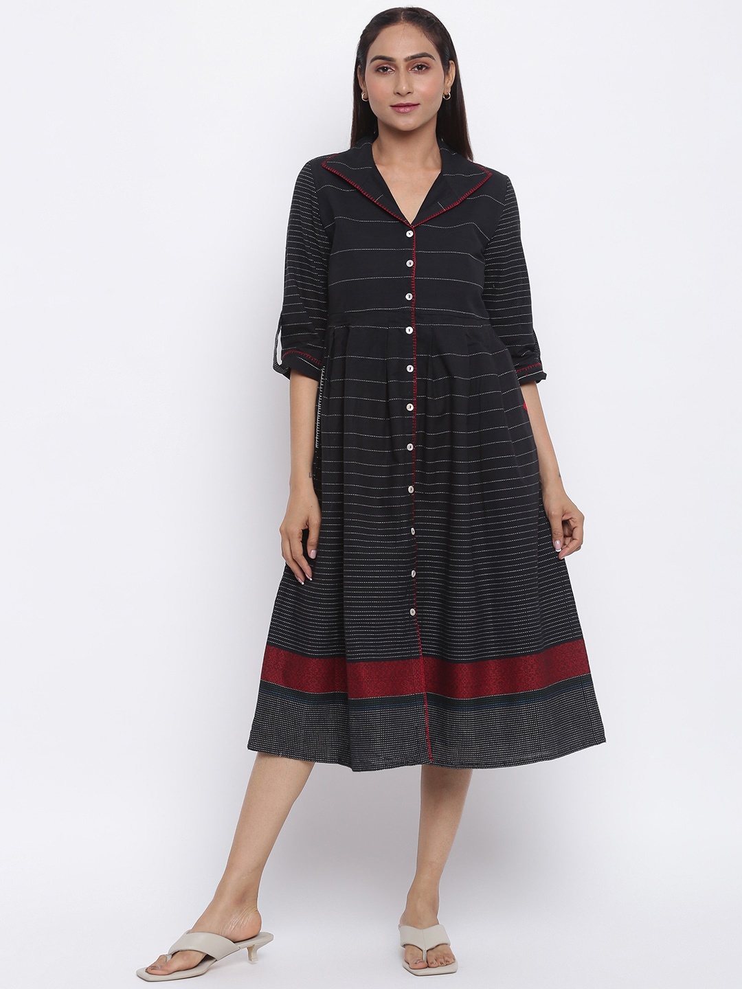 

Fabindia Women Black Cotton Embroidered Horizontal Striped Shirt collar Midi Dress